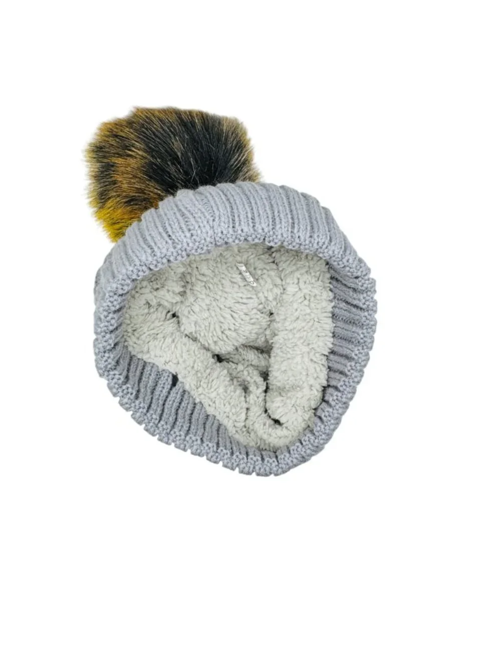 Gray Cable Knit Beanie Hat With Faux Fur Pom & Fleece Lining Warm Winter Cap Lig